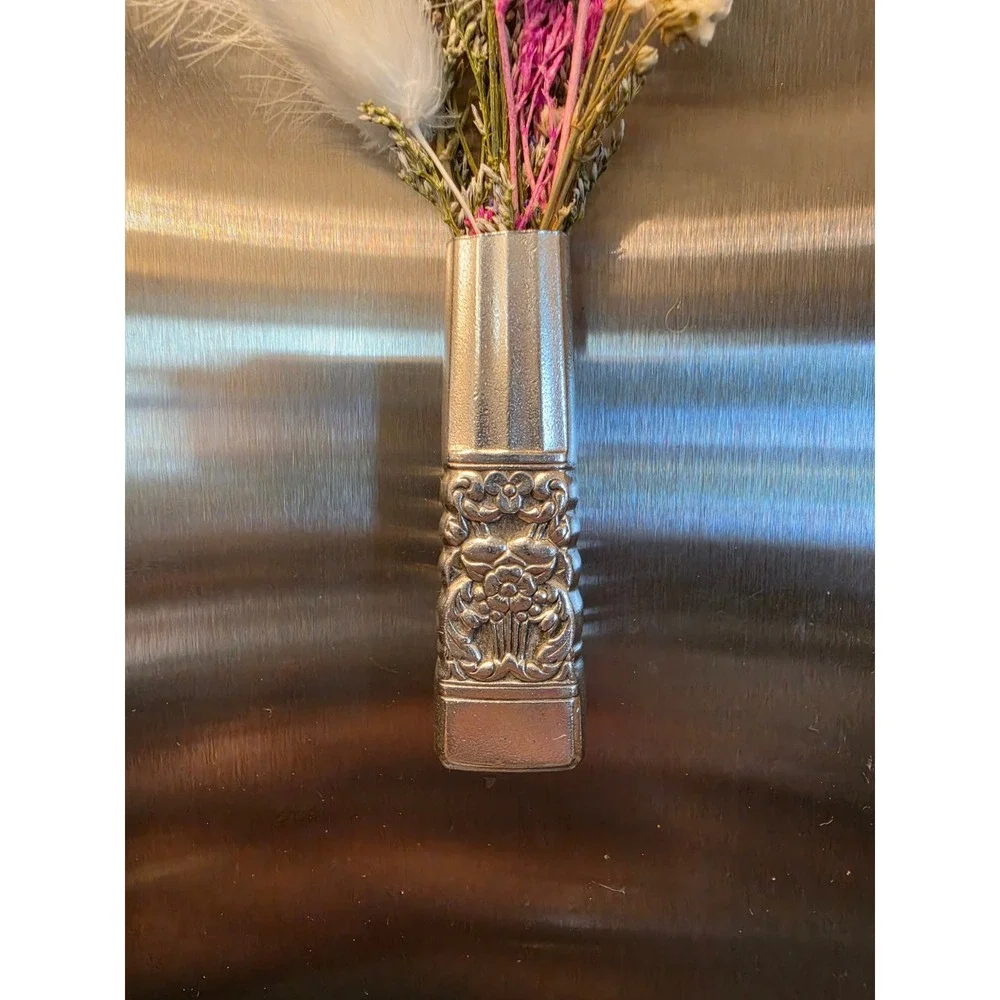 VTG Silver Plate Magnetic Bud Vase with Dried Flowers Floral Refrigerator Art